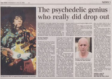 Times Press Cutting concerning Syd Barret's Death from  12th July 2006