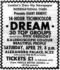 Advert for the 14 Hour Technicolour Dream at which Pink Floyd played and John Lennon attended