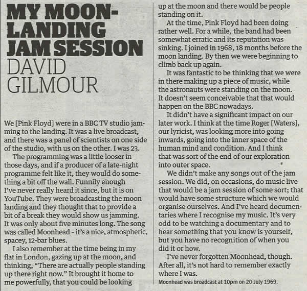 David Gilmour's Moonhead article in the Guardian newspaper. A press clipping regarding Pink Floyd's Moonhead song. David Gilmour's Moonhead article in the Guardian newspaper. A press clipping regarding Pink Floyd's Moonhead song.