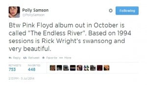 Polly Samson Tweet about New Pink Floyd Album out in October