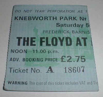 1975 Pink Floyd at Knebworth Park ticket