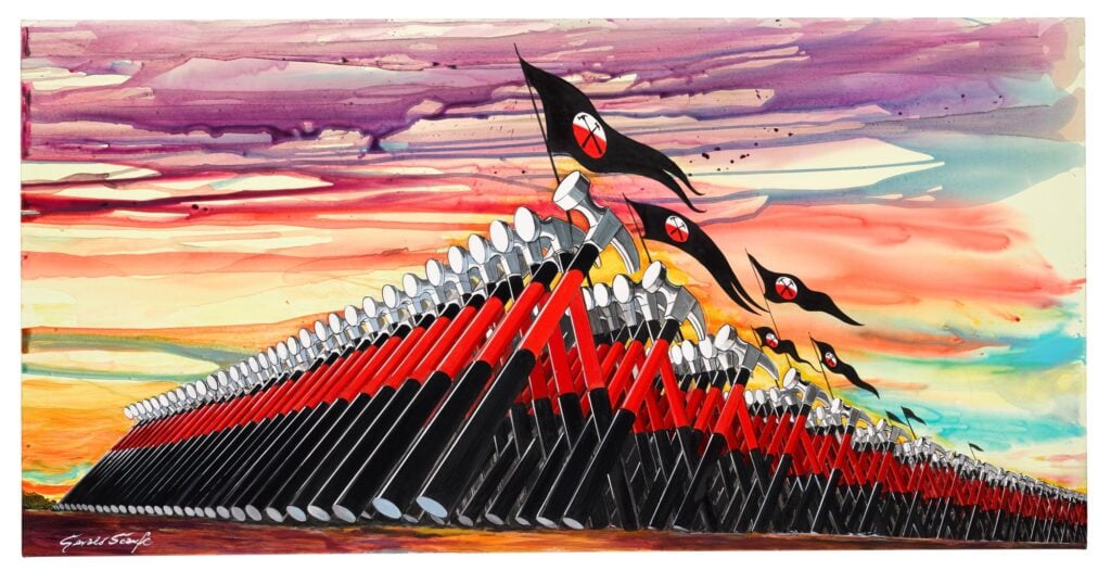 Lot 316 Gerald Scarfe Pink Floyd – The Wall The Marching Hammers, oil on canvas
