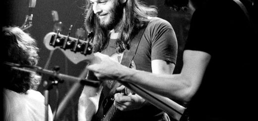 David Gilmour and Roger Waters performing Dark Side of the Moon. Jill Furmanovsky recalls "I was the official photographer on the Dark Side of the Moon/Wish You Were Here UK tour, and took pictures over a period of approximately five weeks as the band toured England and Scotland."