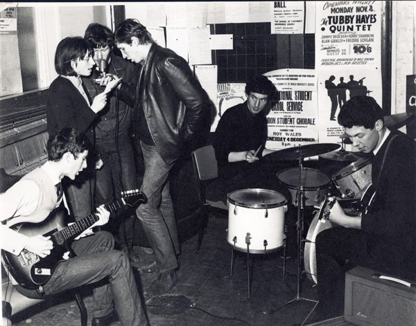 The Sigma 6, Clive Metcalfe, Sheila Noble, Keith Noble, Roger & Nick Mason, and unknown temporary guitarist, in the student Common Room at the Regent Street Poly, where we rehearsed. My drum kit had now upgraded to a Premier. 1964 Pink Floyd Music Archive