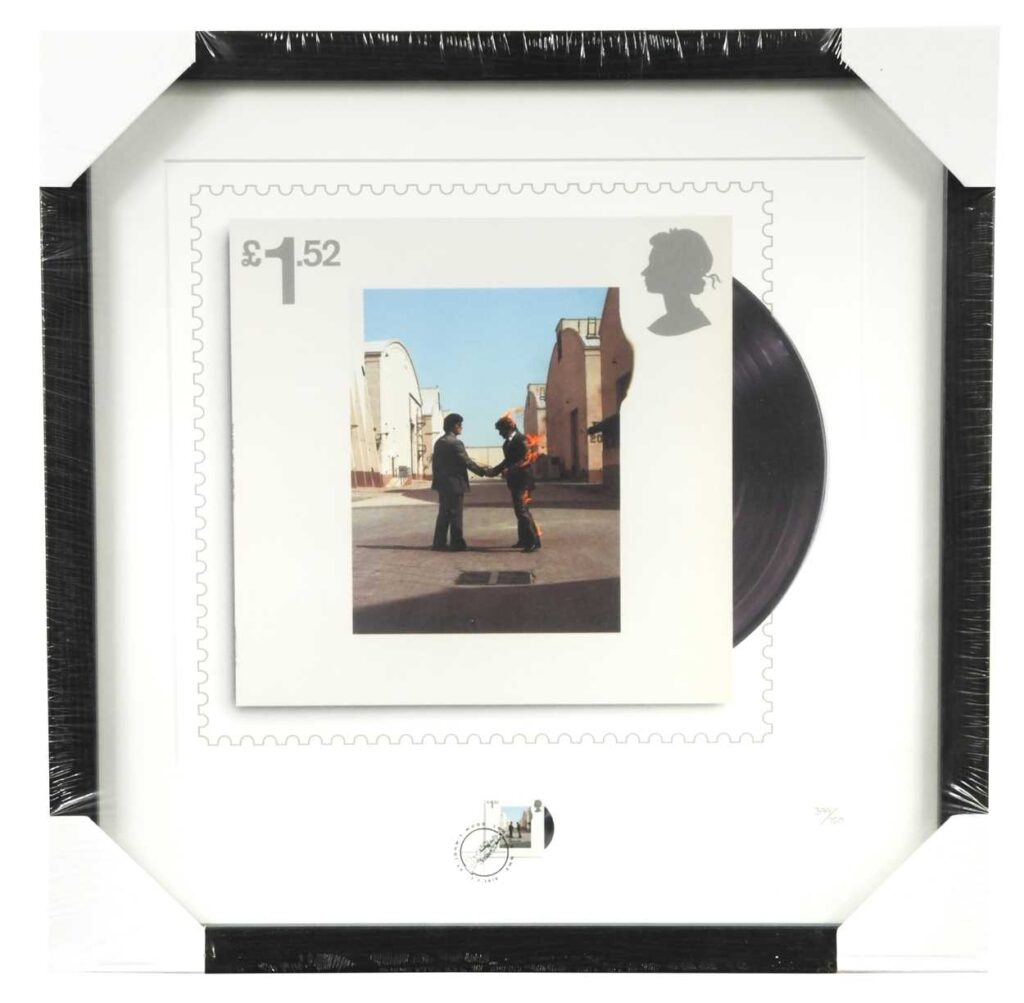 Pink Floyd interest: A Royal Mail limited edition giclée print of the Wish You Were Here stamp, printed in colours and numbered 399/750 in pencil, certificate of authenticity to reverse 39 x 39cm.