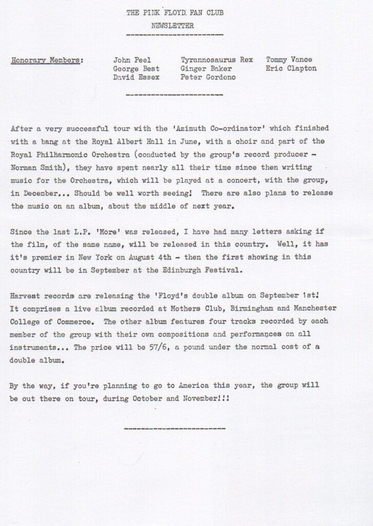 1969 The Pink Floyd Fan Club Newsletter