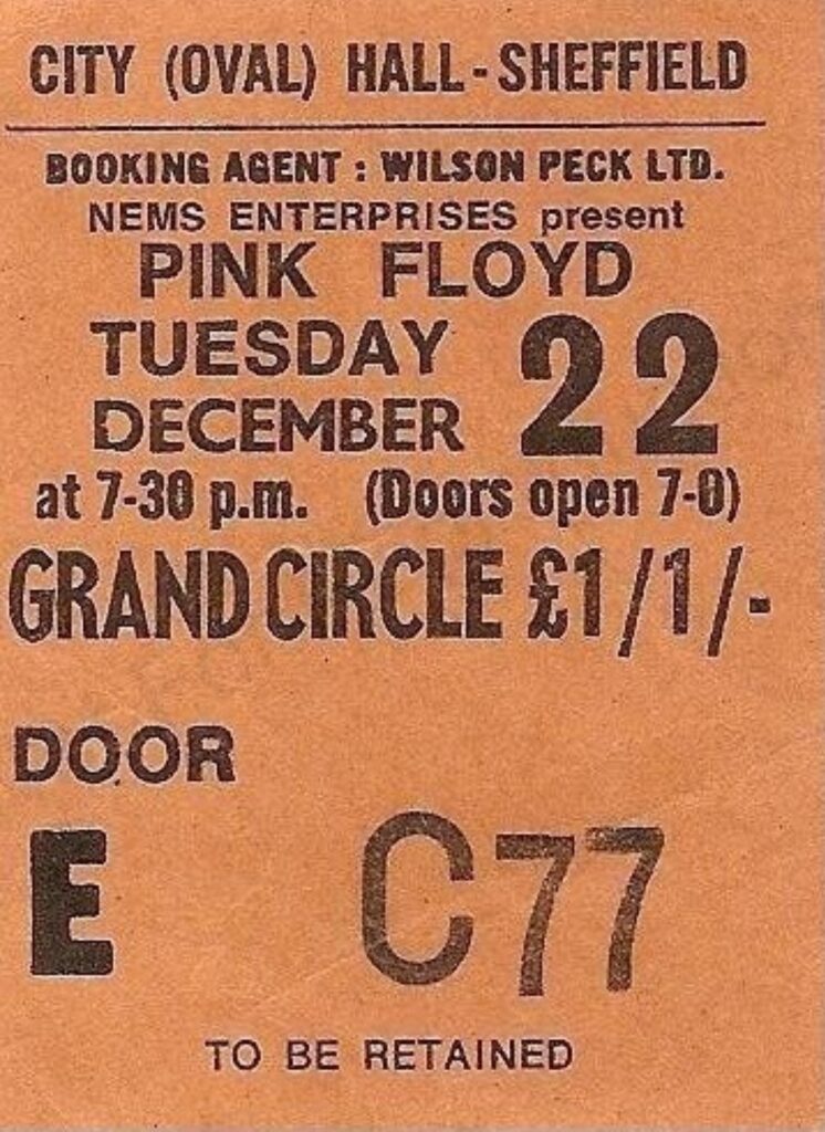 1970 December 22 Pink Floyd Sheffield City Hall Concert Ticket