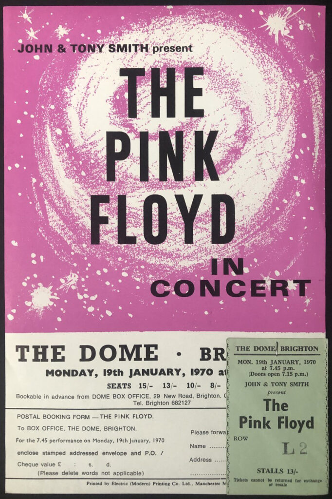 19th January 1970 Pink Floyd at Brighton Dome Ticket and Flyer