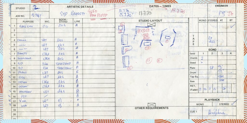 1970 July 17th Syd Barrett Abbey Road Studios Recording Sheet