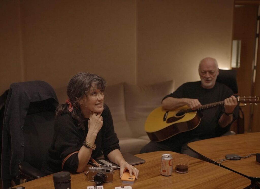 David Gilmour in the studio with Polly Samson with guitar