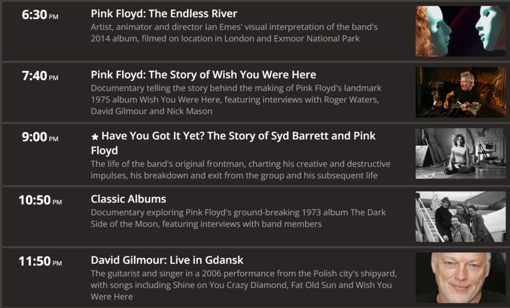 Sky Arts Syd Barrett and Pink Floyd night 27th April