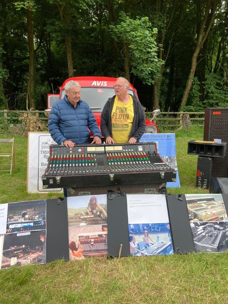 Nick Mason with CV Vintage Audio's Chris Hewitt looking over Pink Floyd PA recreation