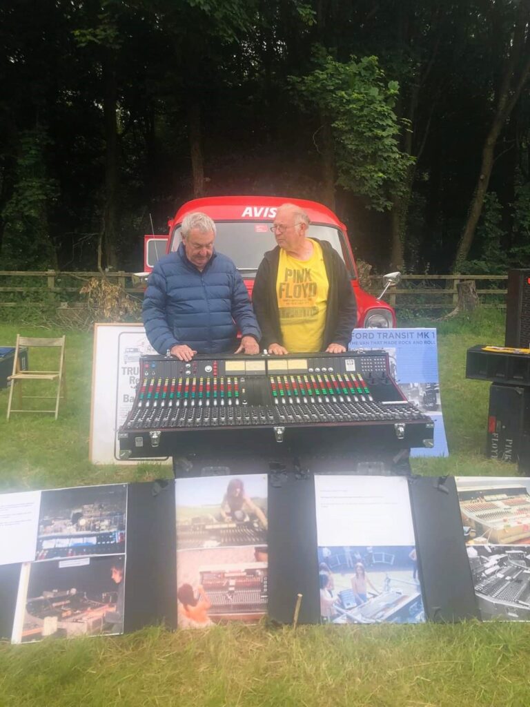 Nick Mason with CV Vintage Audio's Chris Hewitt looking over Pink Floyd PA recreation