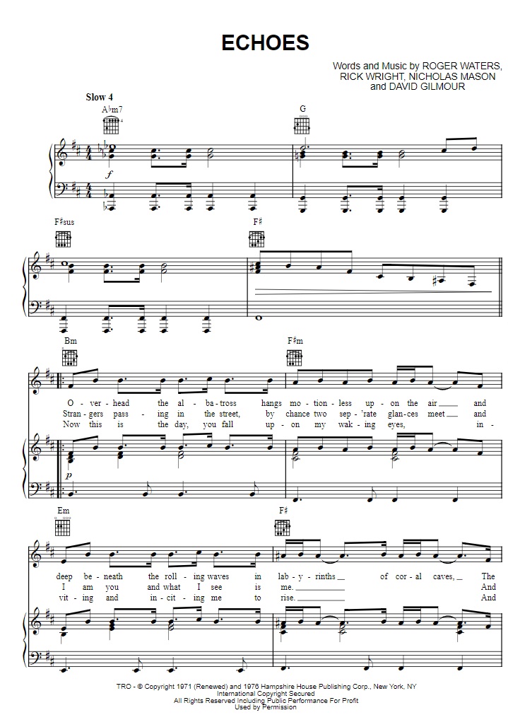 1971 Pink Floyd Echoes piano manuscript