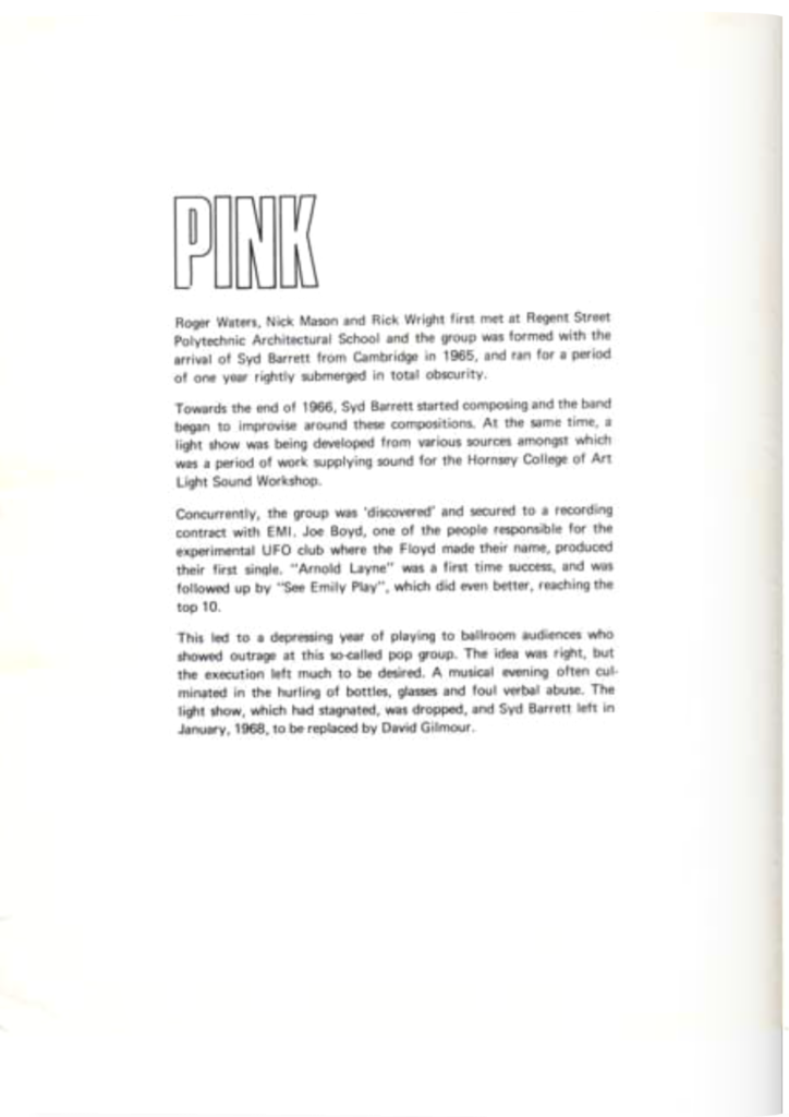 1973 Pink Floyd Earls Court Unofficial Tour Programme pg02