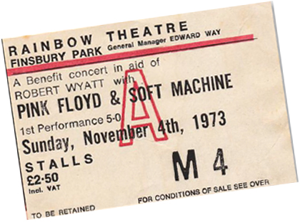 1973-11-04 Pink Floyd Rainbow Theatre for Robert Wyatt Benefit Concert Ticket