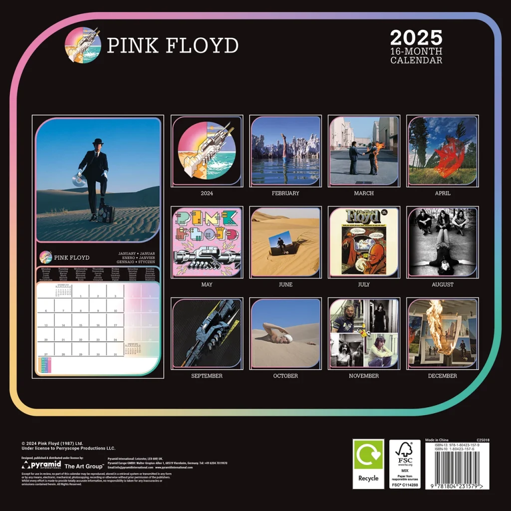 Official Pink Floyd Calendar 2025 month by month artwork