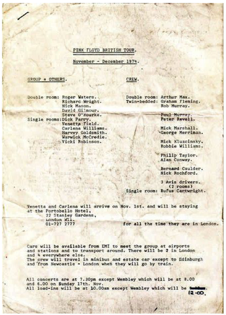 1974 Pink Floyd British Winter Tour Schedule pg01