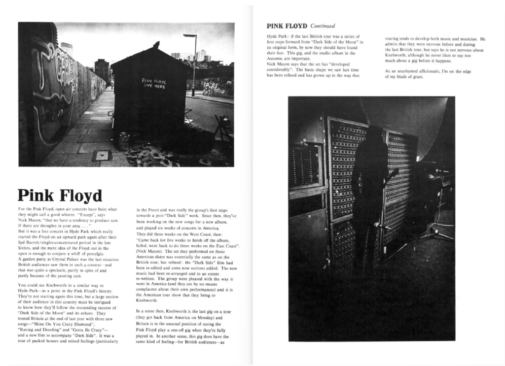 1975 Pink Floyd Knebworth Park 5th July Tour Book pg10-11