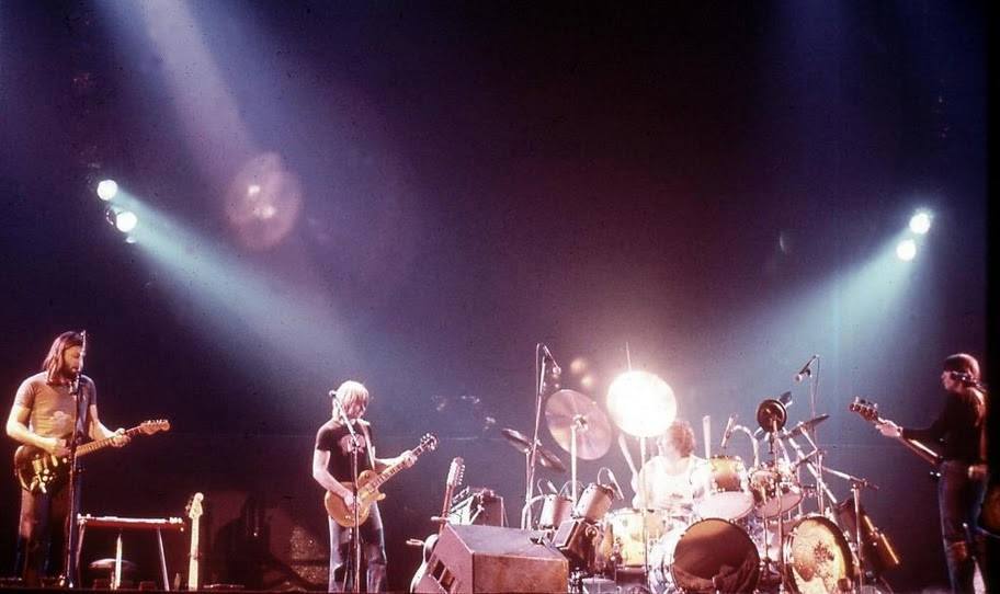 1977 David, Snowy, Nick and Roger on stage at the Empire Pool, London, England, March 1977