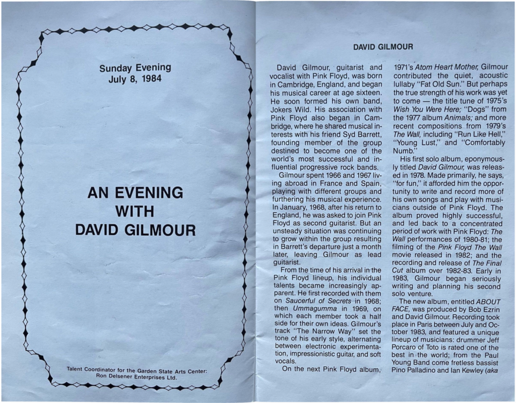 1984 An Evening with David Gilmour Garden State Arts Center Summer Festival pg02-03