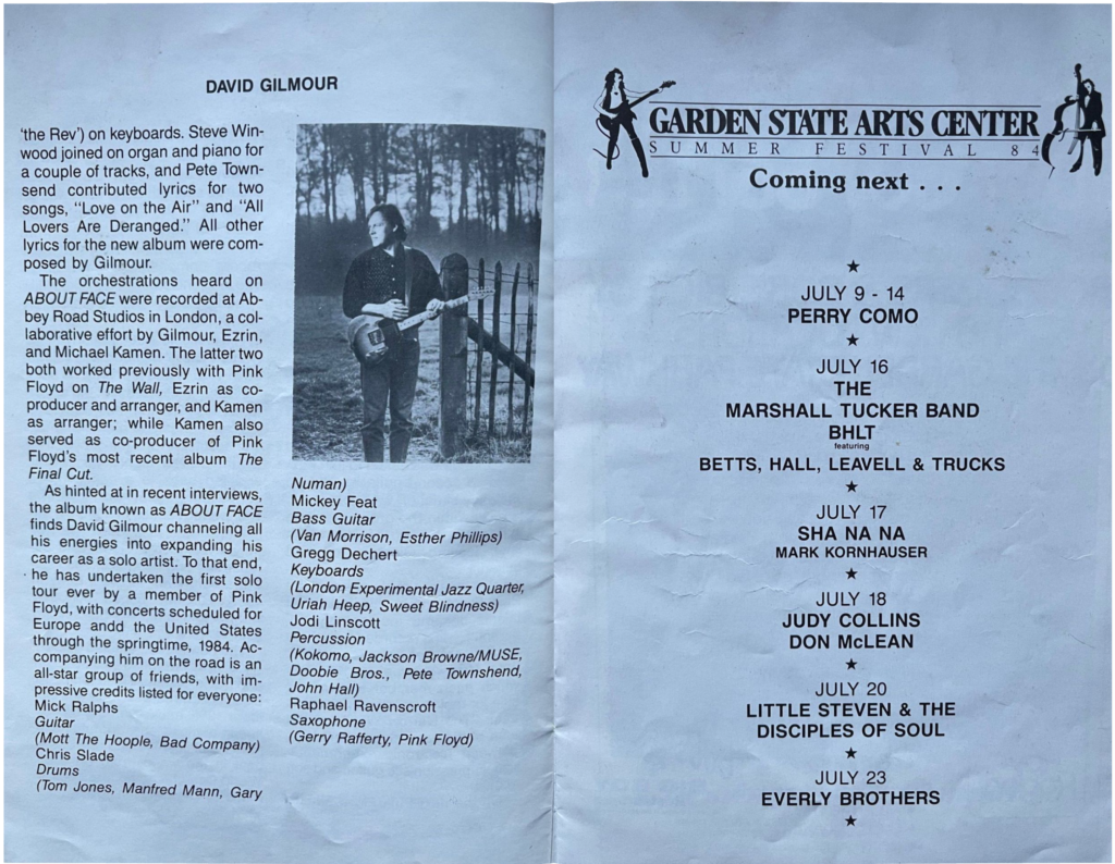 1984 An Evening with David Gilmour Garden State Arts Center Summer Festival pg04-05
