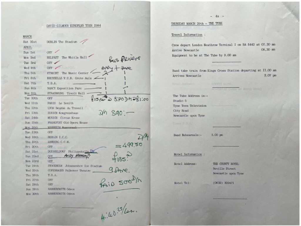 1984 David Gilmour About Face Tour Itinerary pg02-03