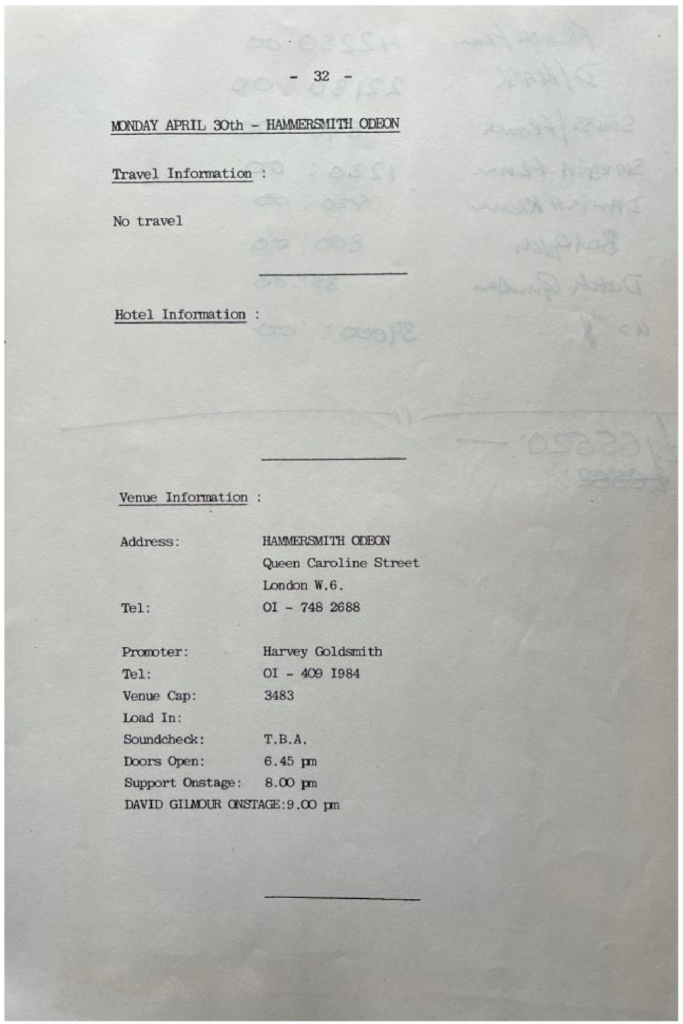 1984 David Gilmour About Face Tour Itinerary pg08