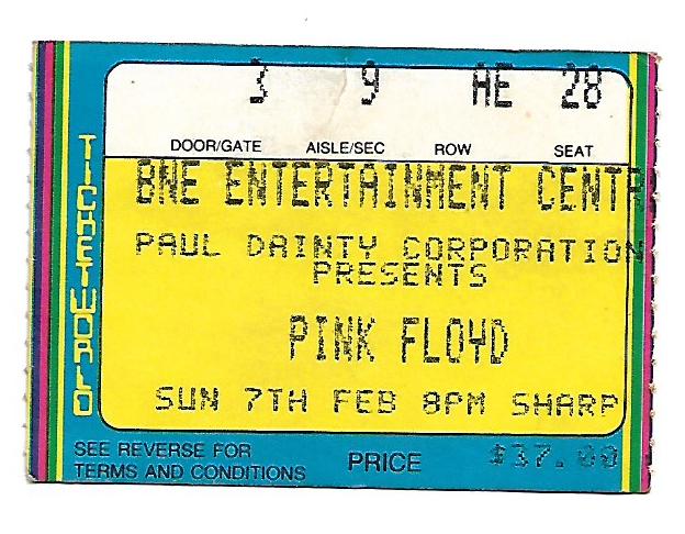 1988 7th Feb Brisbane Entertainment Centre Pink Floyd ticket
